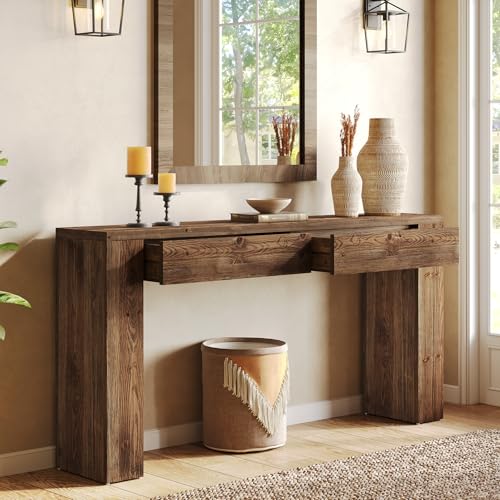 LITTLE TREE Sofa Table with 2 Drawers, 63 Inches Extra Long Console Table, Solid Wood Sofa Table Behind Couch, Large Entryway Hallway Foyer Tables for Living Room, Entrance, Rustic Brown