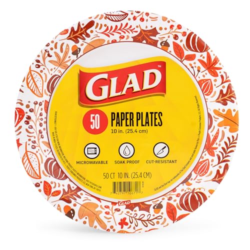 Glad Disposable Paper Plates, Happy Fall Pattern - Strong, Sturdy, Soak Proof, and Microwavable Decorative Plates for Dinner and Everyday Use, 10 Inch, 50 Count