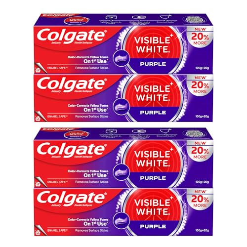 Visible White Purple Toothpaste Color-Corrects Yellow Tones on 1st Use Removes Surface Stains Enamel Safe (480g) (Pack of 2 x 240g)