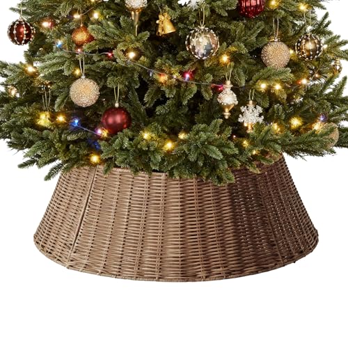 Sweetcrispy Christmas Tree Collar, Wicker Tree Collar for 9-25in Stands, 4-Piece Wicker Base Cover, Brown