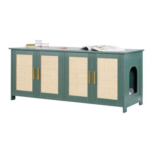🔥 STARKER PREIS (-39%) VEVOR Katzenschrank, 1200x450x500 mm, Katzentoilette mit 4 Rattantüren & 2 Eingängen, Katzenklo Schrank für den Innenbereich, Katzenhaus passend für die meisten Katzentoiletten, grün