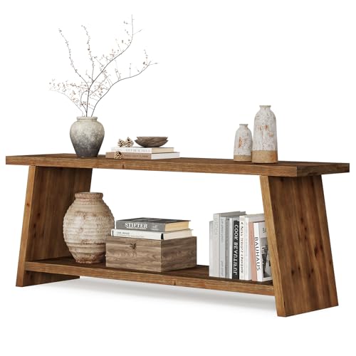 LITTLE TREE Solid Wood TV Stand, 2-Tier Farmhouse Media Console for 55/60/65 inch TV, Mid-Century Modern TV Stand for Living Room, Entertainment Center with Storage (Brown, 63-Inch)