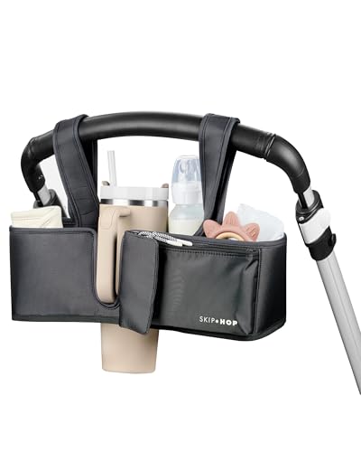 Skip Hop Ultimate Stroller Organizer Universal Fit with Adjustable Straps, Magnetic Flaps and Convertible Design That fits 40 oz. tumblers