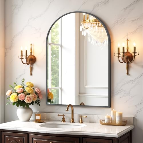Sweetcrispy Arched Bathroom Mirror 30x20.5 Inch Black Metal Framed Arch Vanity Mirror for Wall, Over Sink, Farmhouse, Restroom, Anti-Rust, Modern Decorative, Hanging or Leaning