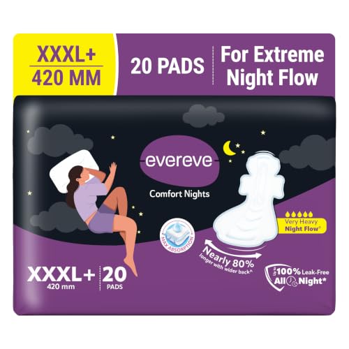 Evereve Comfort Nights Sanitary Pads XXXL+ 420mm, 20 Pads, 60% Longer with Wider back For All Night Care, Very Heavy Night Flow Absorption, Up to 100%