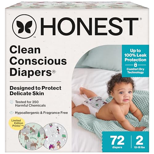 The Honest Company Clean Conscious Diapers for Delicate Skin | Up to 100% Leakproof | Hypoallergenic, Fragrance Free | Winter '25 Limited Edition Prints | Club Box, Size 2 (12-18 lbs), 72 Count