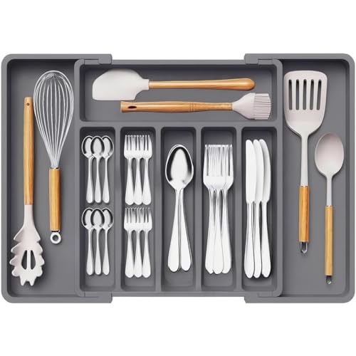 Aliensware Expandable Slider Kitchen Drawer Organizer, BPA Free Utensil, Adjustable Flatware & Cutlery Holder/Divider Tray for Spoons Forks, Knives Ta