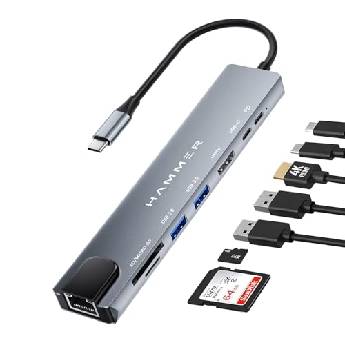 HAMMER 8-in-1 USB-C Hub | 100W PD Charging, 5Gbps Data Transfer, HDMI 4K, (RJ45) Ethernet Port, SD/TF Card Reader, USB 3.0 & 2.0 | Multiport Adapter f