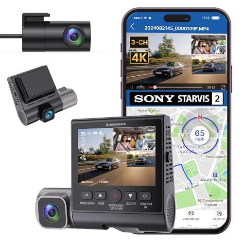 Crossbeats RoadEye DC04 4K Dash Cam for Car | Cabin, Front and Rear 3 Channel Dashcam for car | Sony STARVIS 2 Sensor | Built-in GPS | WiFi | Night Pa