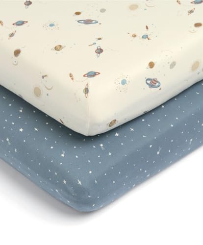 Mamas & Papas 2 Pack Cot/Bed Fitted Sheets, Planet/Blue Star (142x70x19cm)