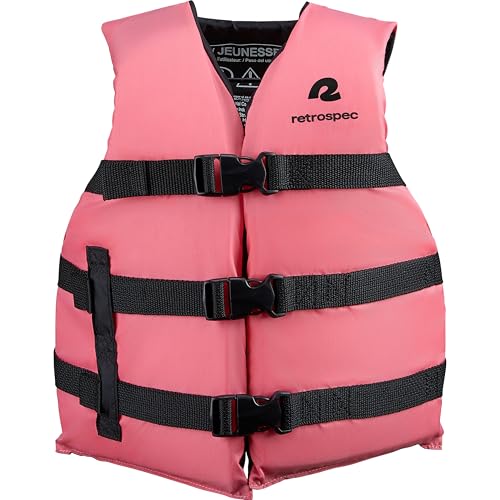 Retrospec Bobbin Life Jacket for Kids - Coast Guard Approved Infant & Youth Life Vest with Quick-Release Buckles - Lightweight Nylon Shell & Foam Interior for Swimming, Boating - Fits 30-90 lbs Pink Lemonade Youth (55-88 lbs)