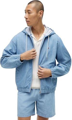 ⚡ BLITZDEAL (-65%) Tommy Hilfiger Herren Übergangsjacke Chambray mit Kapuze, Blau (Mid Wash), XL