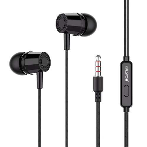 Kratos E02 Black Wired Earphones with 3.5mm Jack in-line Mic Control for Clear Calling & Music, Multi-Functional Controller,Sweat Resistant,Comfort Fi