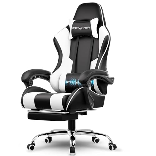 GTPLAYER Gaming Chair, Computer Chair with Footrest and Lumbar Support, Height Adjustable Game Chair with 360°-Swivel Seat and Headrest and for Office or Gaming (Pearl White)