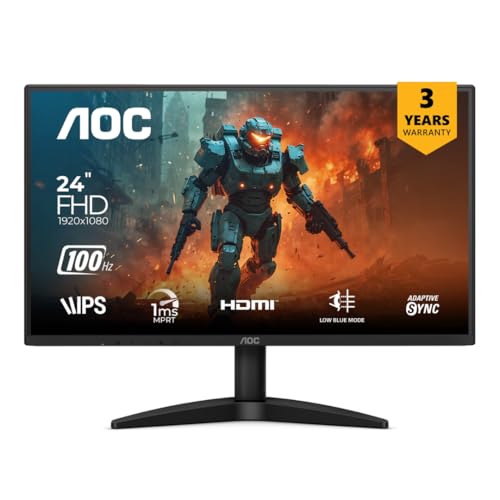 AOC 24B36H 23.8-Inch IPS Full HD Monitor, 100Hz Refresh Rate, 1ms Response Time, 3-Sided Frameless Design, Adaptive Sync, SRGB 105%, Mega DCR, HDMI Po