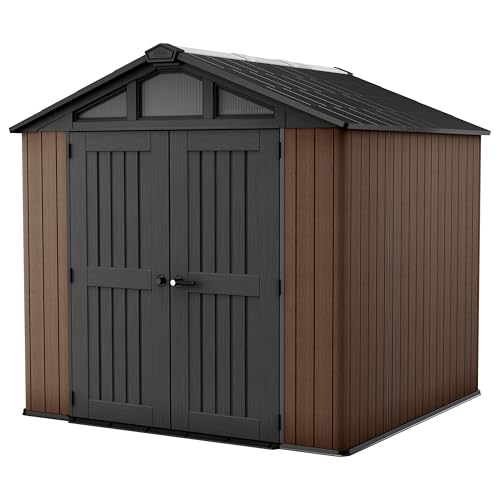 ⚡ BLITZDEAL (-51%) KETER Stronghold 8x8 Gartenhaus braun - Gerätehaus mit 6 Fenstern, Doppeltüren, stahlverstärkt, Holzoptik, inkl. Fußboden, 252 x 241 x 252 cm