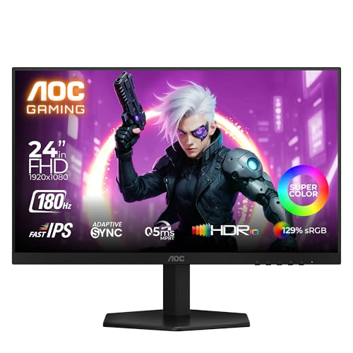 AOC 24G42E Gaming Monitor 24 inch FHD Fast IPS Gaming Monitor, 180Hz Refresh Rate, 0.5ms Response Time, Adaptive Sync, HDR10, Flicker-Free Technology,