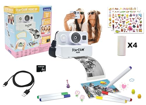 Lexibook, StarCAM Print HD, Camera with instant printer, Photo, video, selfie, music and games functions, Customisation kit and 32GB SD card included, White, DJ160LXB