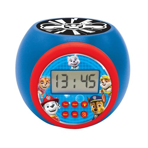 LEXIBOOK - Paw Patrol Projector alarm clock with snooze function and alarm function,Night light with timer, LCD screen, battery operated, Blue/Red, RL977PALXB