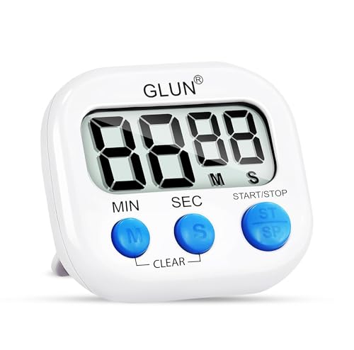 GLUN® Digital Kitchen Timer for Cooking, Pack of 1 Big & Clear Digits, Loud Alarm, Magnetic Back, Timer for Baking, Creating Food, White Body & Blue B