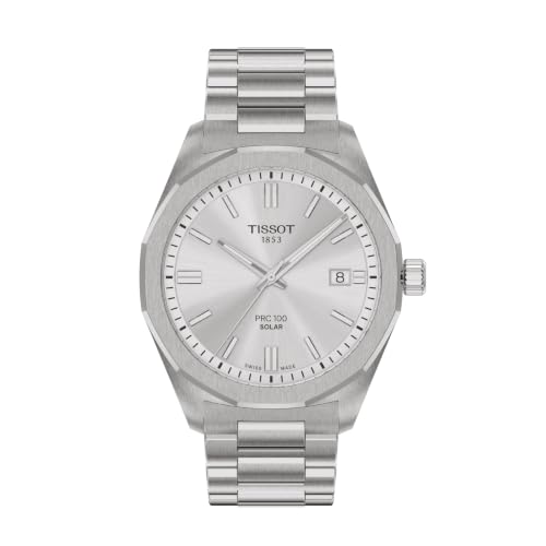 Tissot PRC 100 Solar, Silver Dial, 39mm Watch for Men, Stainless Steel Case and Bracelet, Solar Quartz Movement, T1514221603100
