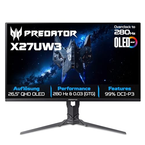 (-33%) Acer Predator X27U W3 Gaming Monitor 26.5 Zoll (69 cm Bildschirm) WQHD, QD-OLED, 240Hz, 0.03ms (GTG), 2xHDMI 2.1, 1xDP 1.4, FreeSync Premium Pro, HDR, höhenverstellbar, drehbar (Pivot), Delta E<2
