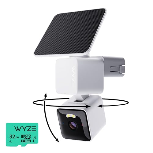 WYZE Solar Cam Pan, Security Cameras Wireless Outdoor, 2K HD 360° Pan-Tilt 2.4GHz Wi-Fi Cameras, Motion Detection, Color Night Vision, 2-Way Audio Expandable Storage 32GB MicroSDHC Card Class 10