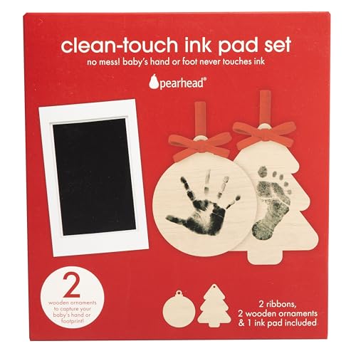 Pearhead Babyprints Wooden Ornament Set, Newborn Clean-Touch Ink Pad Kit for Handprints and Footprints, Baby's First Christmas Keepsake, Set of 2 Clean-touch Ink Pad Ornament Kit 2-Pack