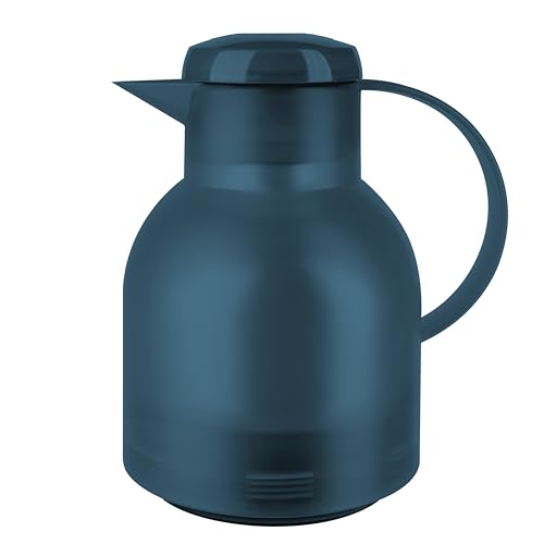 🔥 SELTEN SO GÜNSTIG (-55%) Emsa Samba Isolierkanne, 1 Liter Fassungsvermögen, Quick Press Verschluss, 100% dicht, 12h heiß und 24h kalt, mit Glaskolben, made in Germany, Transluzent/Ozeanblau, N4015900