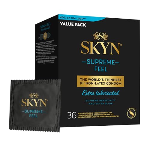 SKYN Supreme Feel Extra Lubricated Condoms, Pack of 36, SKYNFEEL Latex Free Condoms for Men, Regular Size, Strong & Thin, Smooth Straight Shape, Lubricated, 53mm Wide