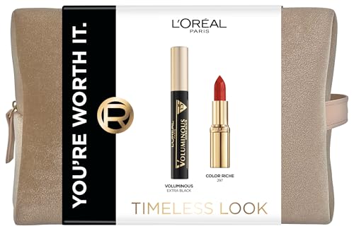 🔥 SELTEN SO GÜNSTIG (-55%) L'Oréal Paris Timeless Look Geschenkset mit Voluminous Mascara für Volumen, Color Riche Satin Lippenstift in Rot & luxuriöser Kosmetiktasche, Pflegendes Make-up Set für einen zeitlosen Look