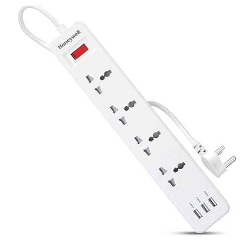 Honeywell 4 Outlet Extension Board with Master Switch, 6 Amps, 250V, 3xUSB, 4 International Sockets, Pure Copper, 6 Advanced Safety Features, 2 Mtr Po