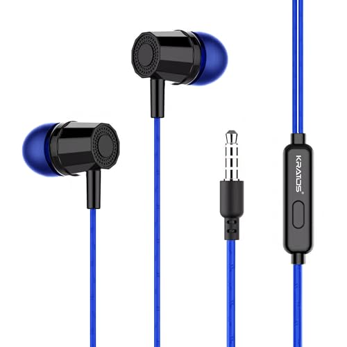 Kratos E02 Blue Wired Earphones with 3.5mm Jack in-line Mic Control for Clear Calling & Music, Multi-Functional Controller,Sweat Resistant,Comfort Fit