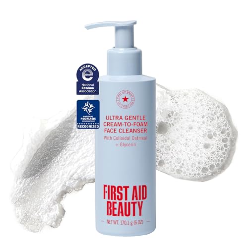 First Aid Beauty Ultra Gentle Cream-to-Foam Facial Cleanser, Fragrance Free Makeup Removing Face Wash with Colloidal Oatmeal & Glycerin, Sensitive & Acne-Prone Skin, 6 oz