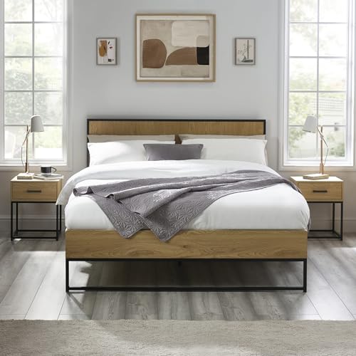 Julian Bowen Harlow Double Bed - Oak Effect Double Bed Frame with Wooden Headboard, Industrial Black Metal Legs & Sturdy Slats, 4ft6/135cm, No Box Spring Needed - 100 x 139 x 196cm