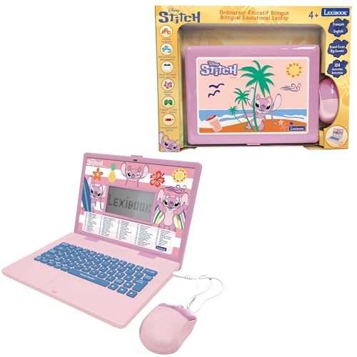 LEXIBOOK, Disney Stitch Angel, Bilingual Educational Laptop – 124 Activities in French/English, JC598D1i1LXB