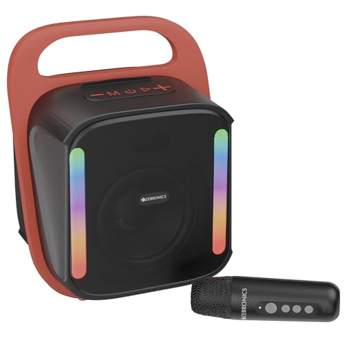 Zebronics Portable BT Speaker, 14W, Upto 4 Hrs Playback, 10.16cm Driver, BT v5.4, USB, mSD, AUX, Splash Proof, Voice Changing Wireless Mic, Carry Hand