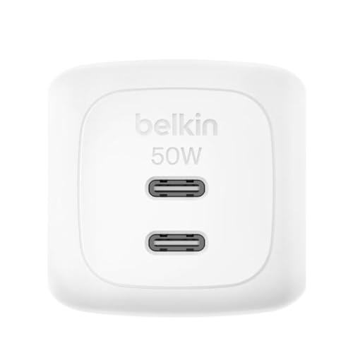 🔥 STARKER PREIS (-52%) Belkin SmartProtect 2 Port USB C Ladegerät, 50W, GaN-Ladegerät mit 2 Anschlüssen, 1 m USB-C-Kabel, Schnellladen für MacBook, iPhone 17, iPad Pro, Chromebook, Galaxy S25 Ultra, Pixel 10 usw. – Weiß