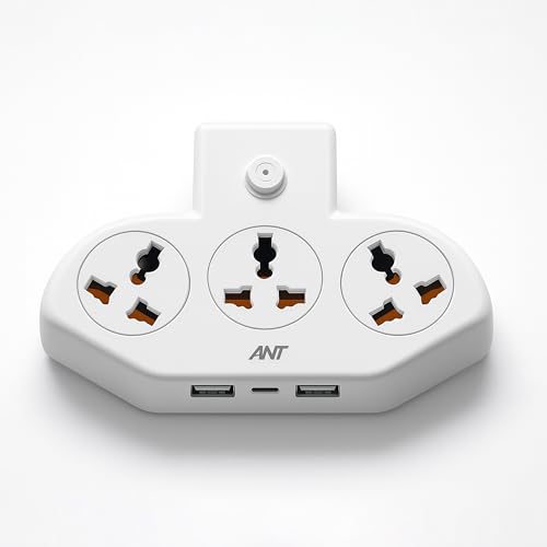 Ant Stinger 321 Extension Board with Surge Protector |3 AC Sockets + 2 USB (2.1A) + 1Fast Type-C |2500W 10A Power Strip |One-Key Switch |Overload & Ch