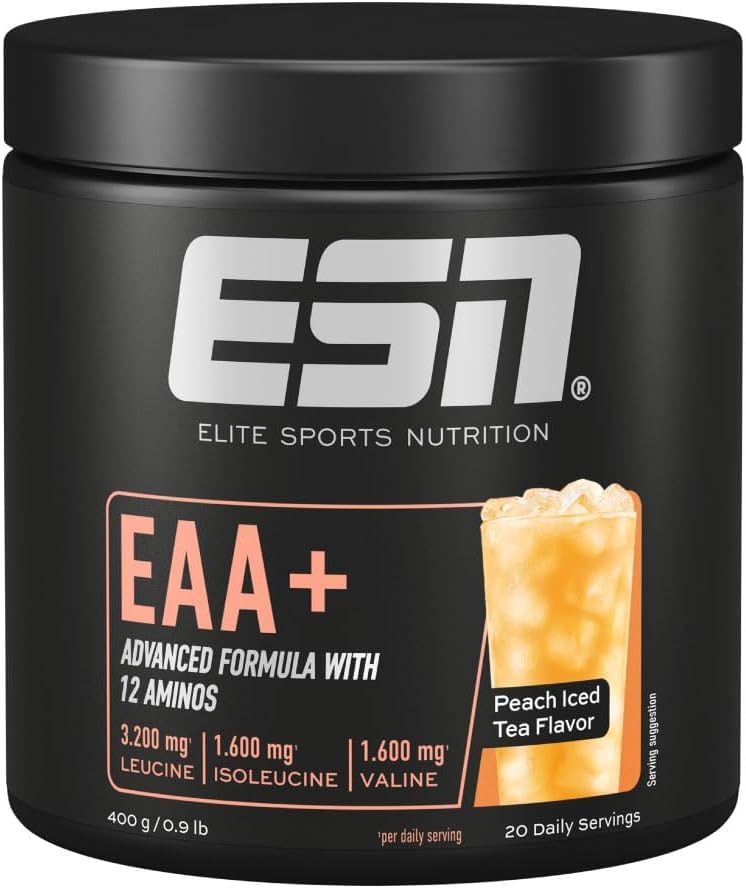 ESN EAA+, Peach Iced Tea, 400 g, All 9 EAAs & Vitamin B6, 3.2 g leucine per Serving, Ideal Solubility, Vegan – Made in Germany