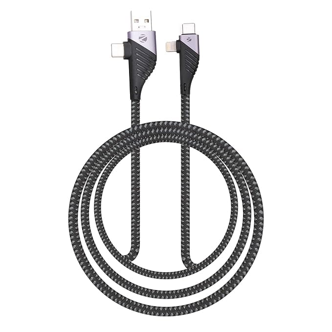 Zebronics UCLC65B 65 Watts PD Fast charging 4 in 1 cable with USB/Type C to Type C/Lightning connector, 1 meter braided cable for smartphones tablets 