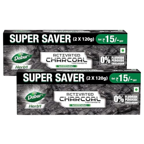 DABUR Herb'L Activated Charcoal Toothpaste 480G (120G x4, Pack of 4)|Whitening Black Gel Toothpaste|Fluoride Free|Fights Plaque & Extrinsic Stains|Wit