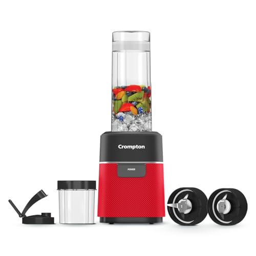 Crompton Ameo Fresh Premium Nutri blender|Smoothie Maker|400 watts powerful motor|2 Food grade jars|Sipper Cap|Storage lid|Black & Red Color|2 Food gr