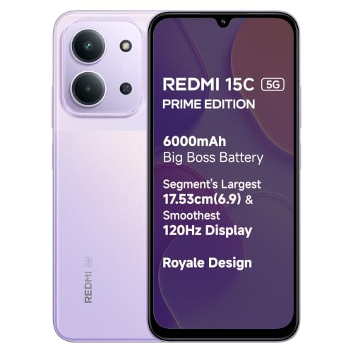 Redmi 15C 5G Prime Edition (Dusk Purple, 4GB + 128GB) | Massive 6000mAh Battery | Segment's Largest 17.53cm Display Up to 120Hz | MediaTek Dimensity 6