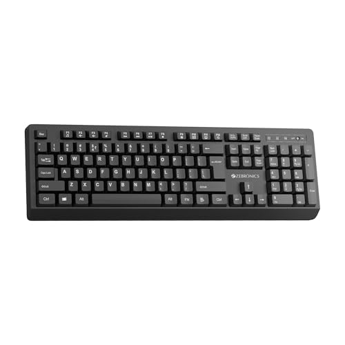 Zebronics Wireless Keyboard, 2.4GHz, 104 Keys with 12 Multimedia Keys, UV-Coated Keycaps, Retractable Stand, On/Off Switch, Power Saving Mode, Plug & 