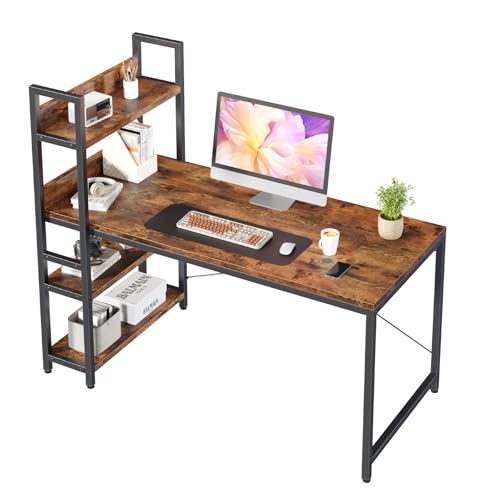 (-34%) Sweetcrispy Schreibtisch mit Seitlichem Regal & Verstellbaren Füßen, 120 cm breiter Bürotisch, Starker Computertisch mit Ablagefläche, Einfacher Montage, vintagebraun