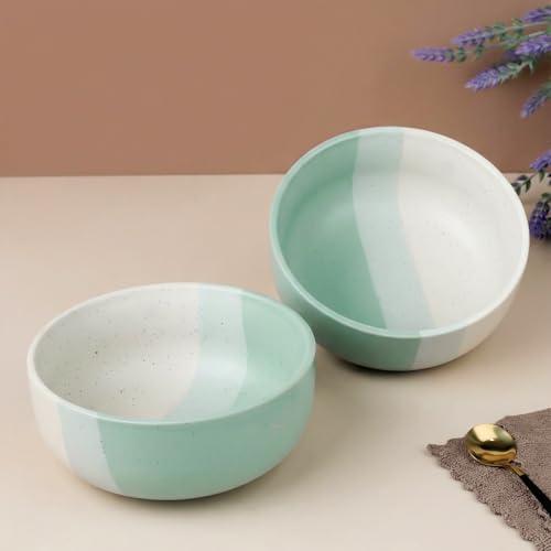 The Earth Store TT Green Large Ceramic Bowl Set of 2, 800 ML | Microwave & Dishwasher Safe Serving Bowl for Mixing | Ideal Use for Salad, Cereal, Nood
