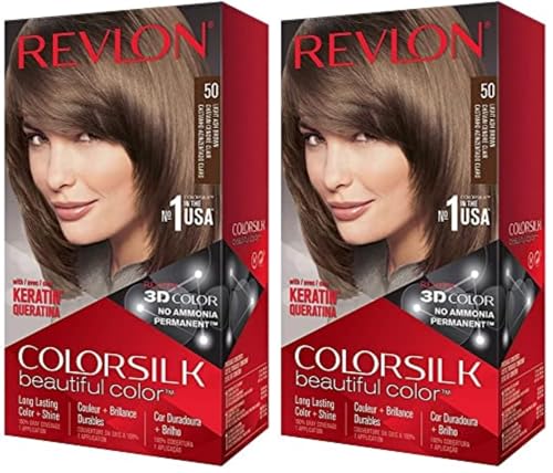 (-29%) Revlon Permanente Haarfarbe, Permanentes Haarfärbemittel, Colorsilk mit 100% Grauabdeckung, Ammoniakfrei, Keratin und Aminosäuren, 50 Light Ash Brown (Packung mit 2)