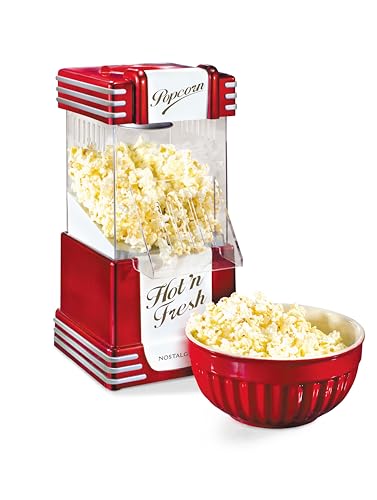 Nostalgia Retro Hot Air Popcorn Maker – 12 Cups Oil Free Popping – Countertop Machine with Measuring Cup – Healthy Snack