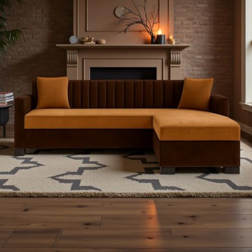 FURNY Grovila Fabric 4 Seater Convertiable L Shape Sofa Set 3 Seater Modern Sofa Set & Ottoman for Living Room (Brown-Camel) with Velvet Fabric | Dura